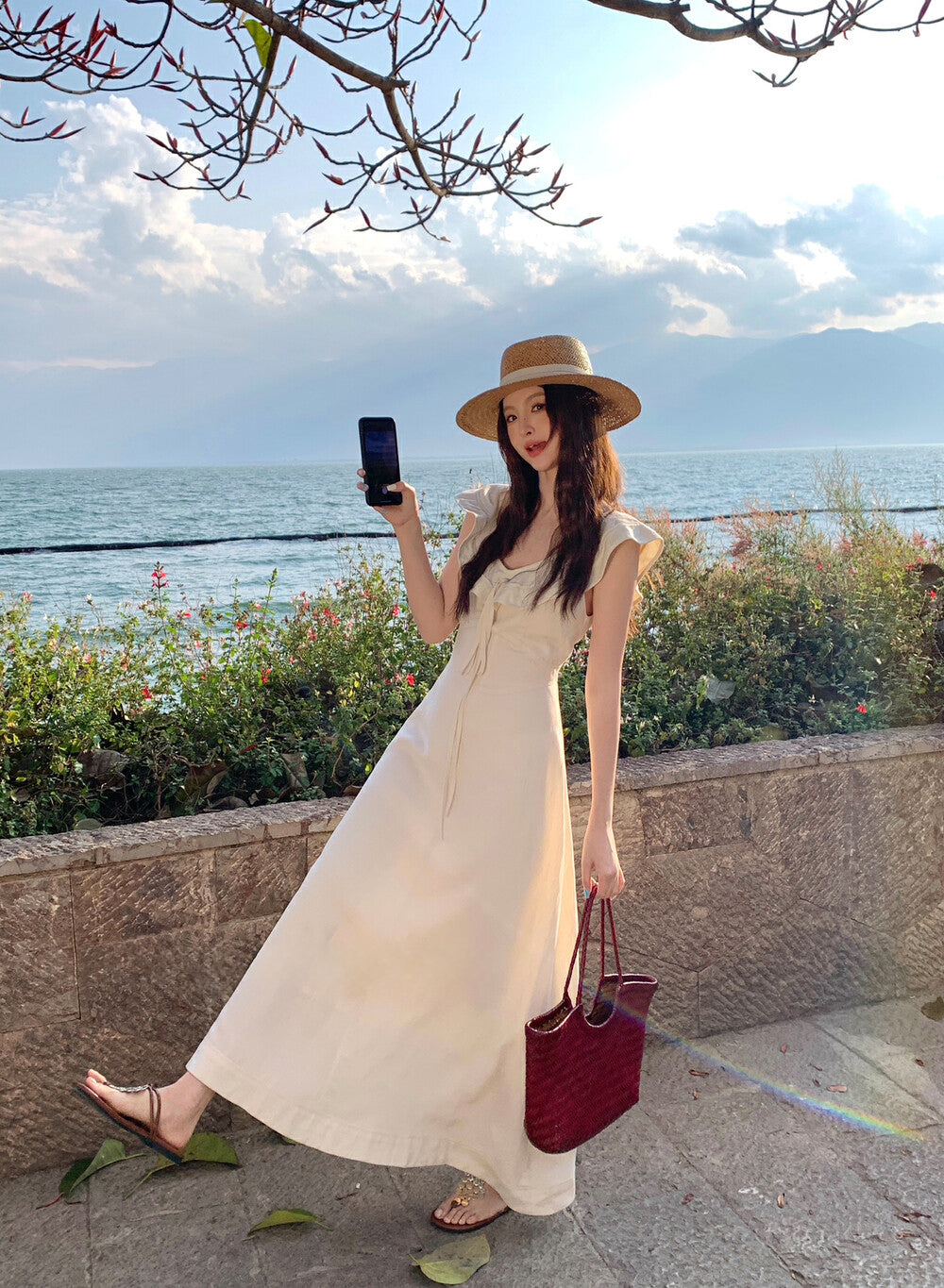 Ruffled V-Neck Linen Dress