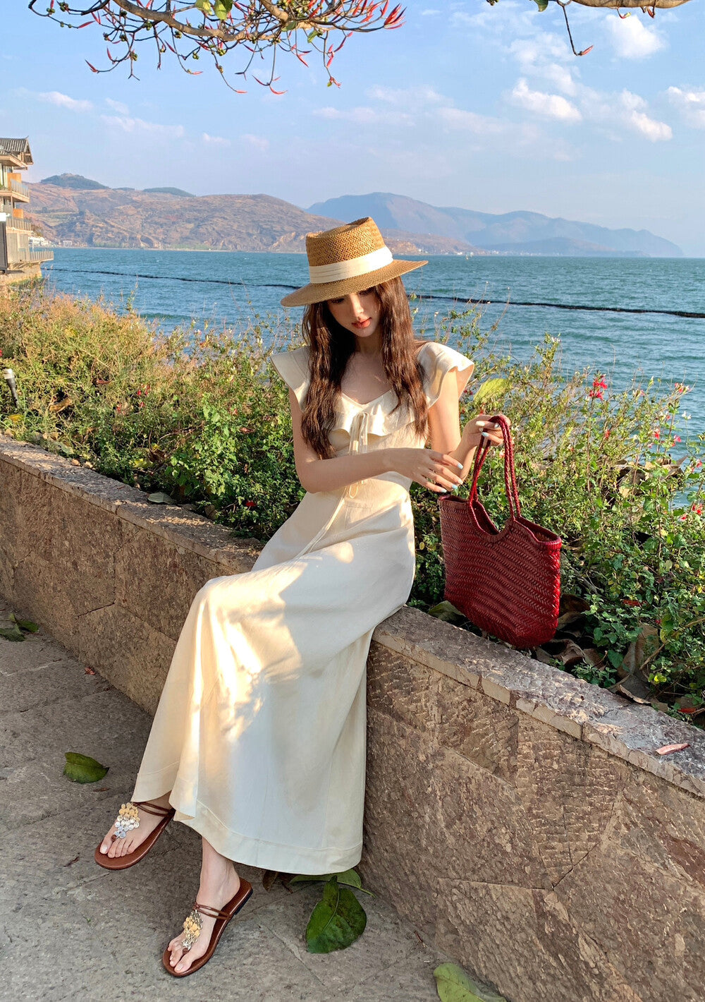 Ruffled V-Neck Linen Dress