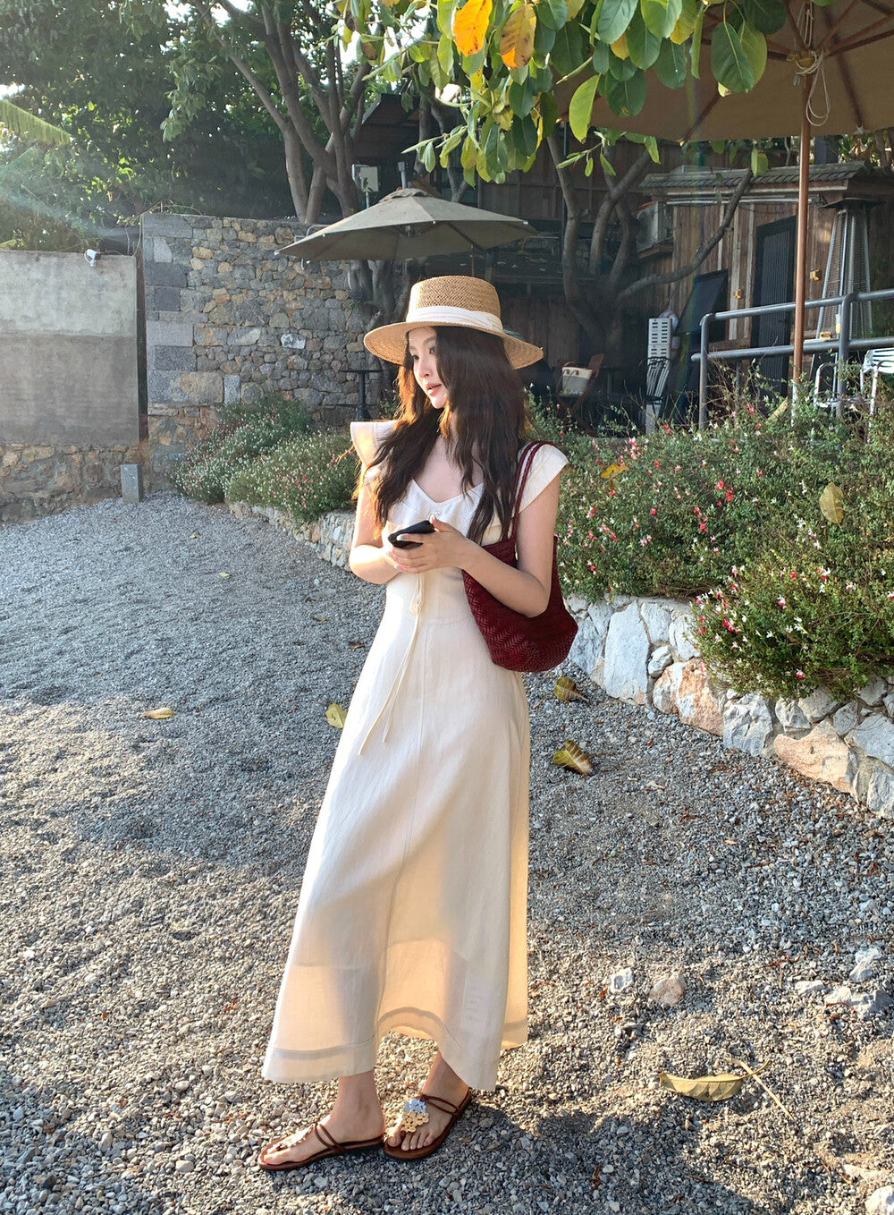Ruffled V-Neck Linen Dress