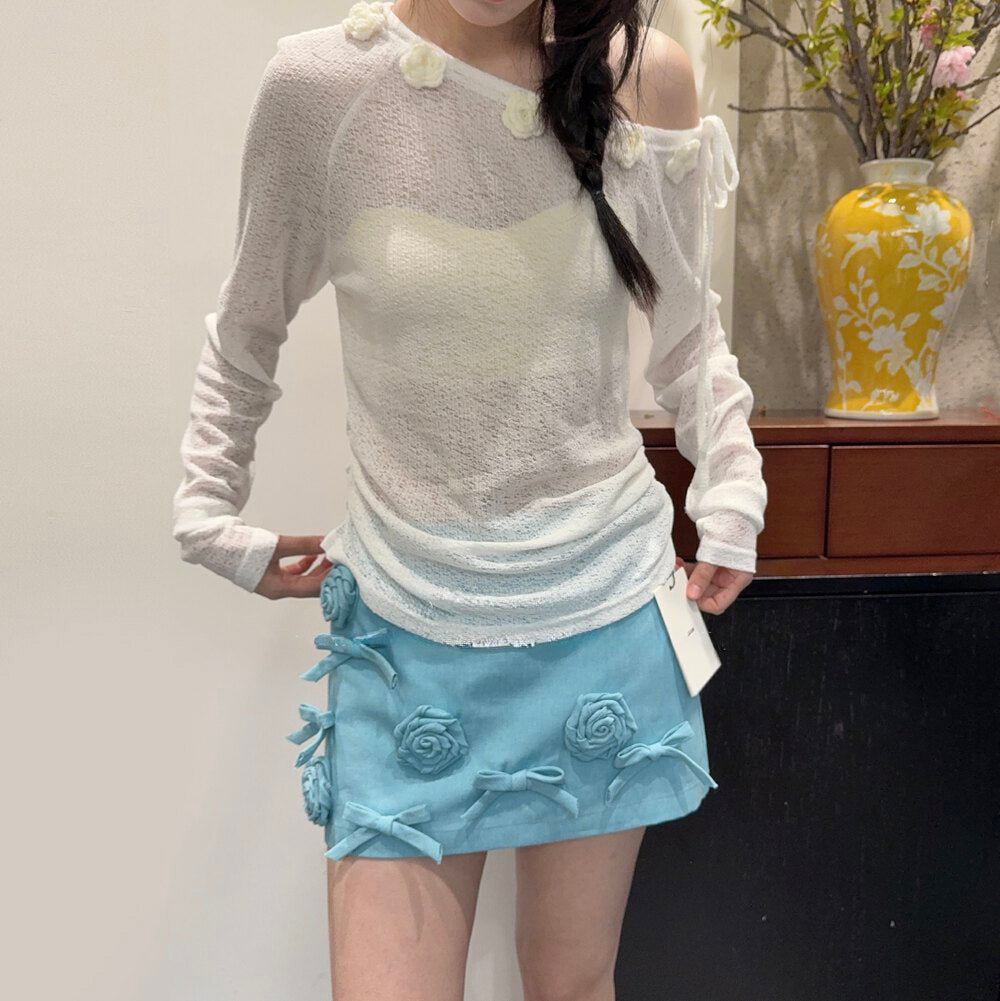 3D Floral Embellished Cotton Mini Skirt