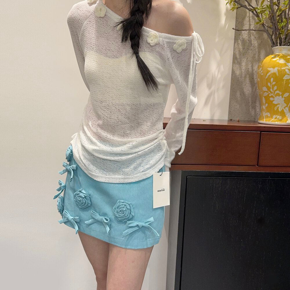 3D Floral Embellished Cotton Mini Skirt