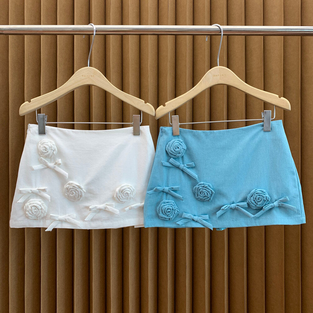 3D Floral Embellished Cotton Mini Skirt