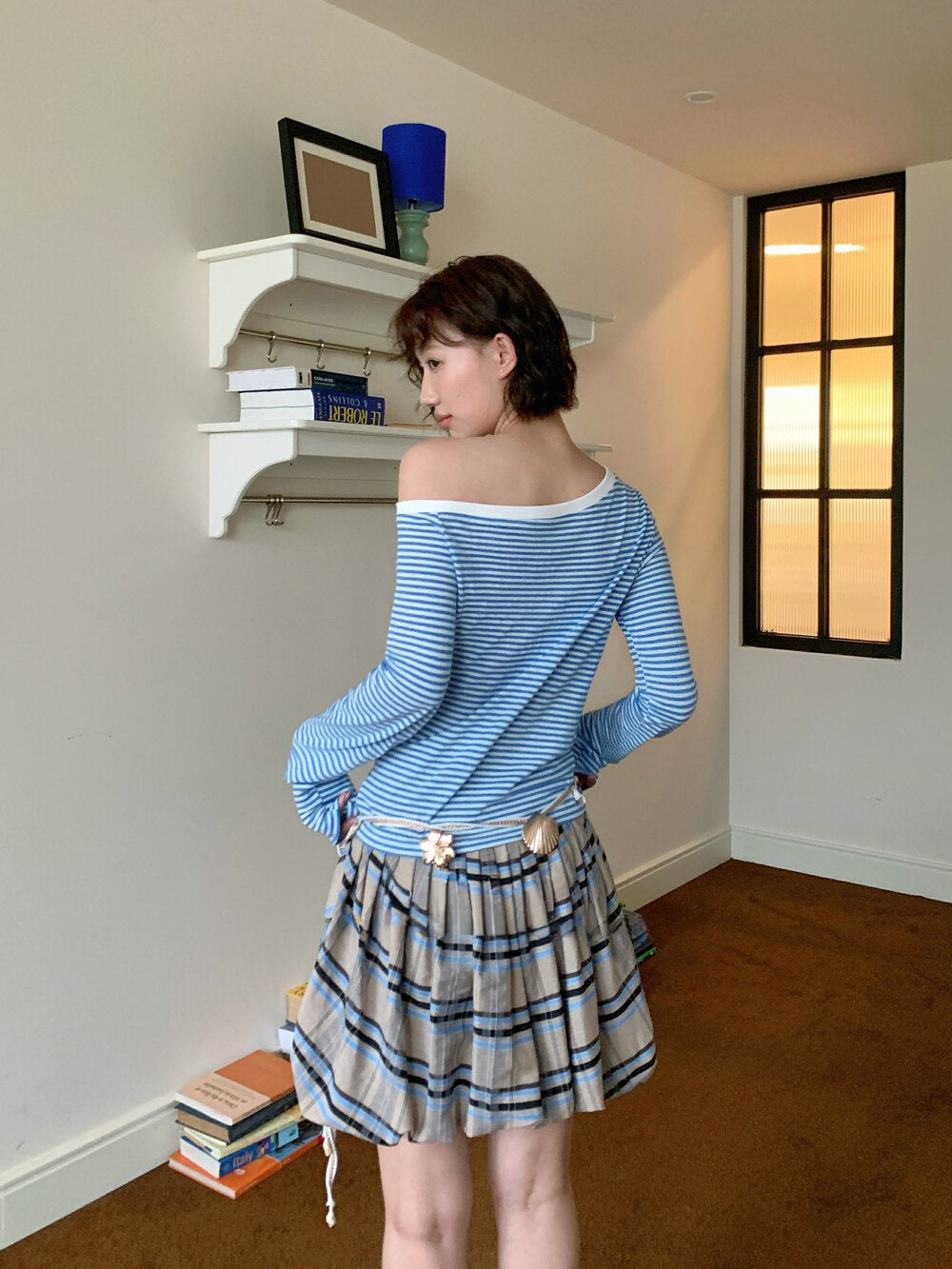 Shell Belt Plaid Balloon Skirt