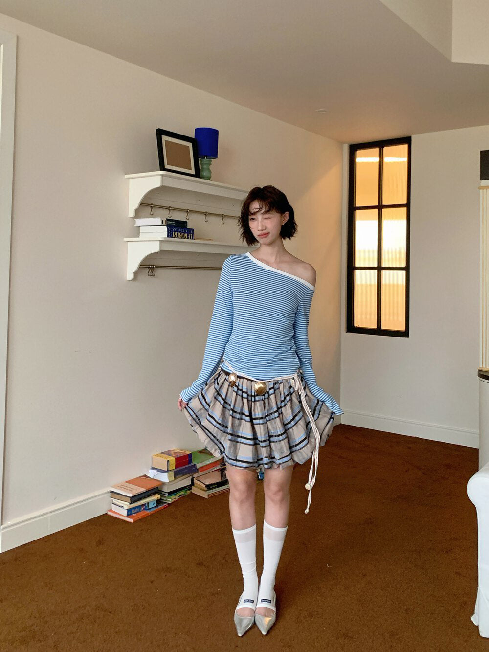 Shell Belt Plaid Balloon Skirt