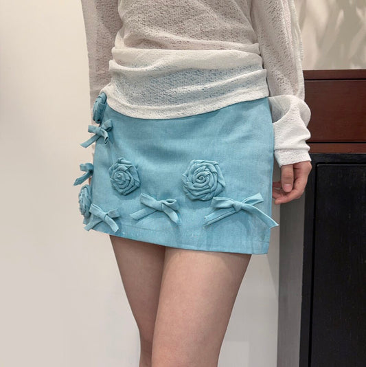 3D Floral Embellished Cotton Mini Skirt