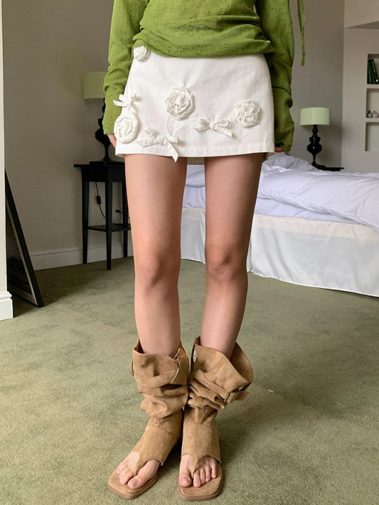 3D Floral Embellished Cotton Mini Skirt