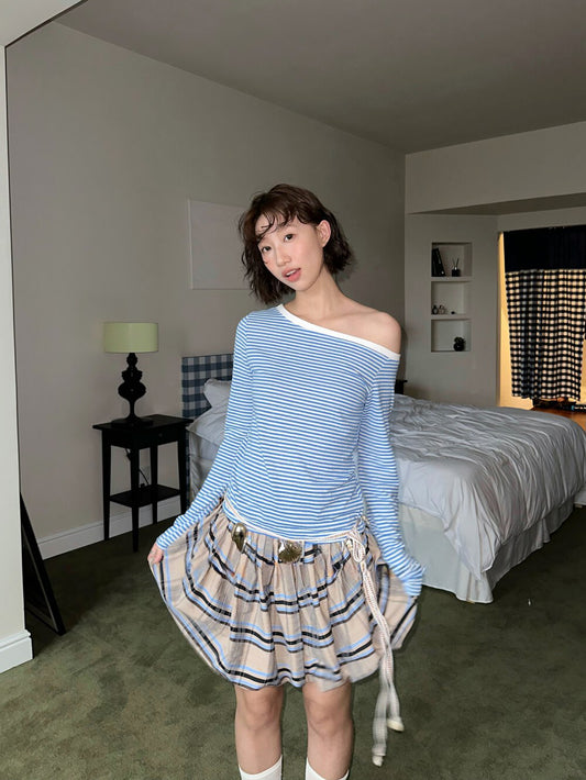 Shell Belt Plaid Balloon Skirt