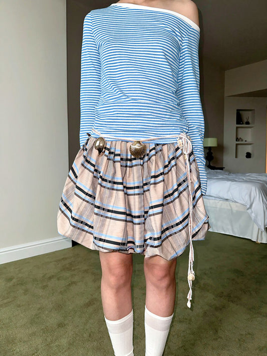 Shell Belt Plaid Balloon Skirt