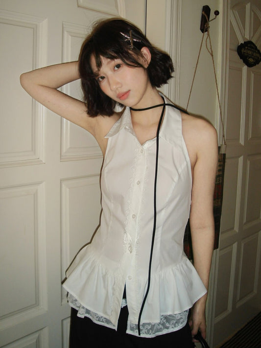 Lace-Trimmed Peplum Cotton Blouse