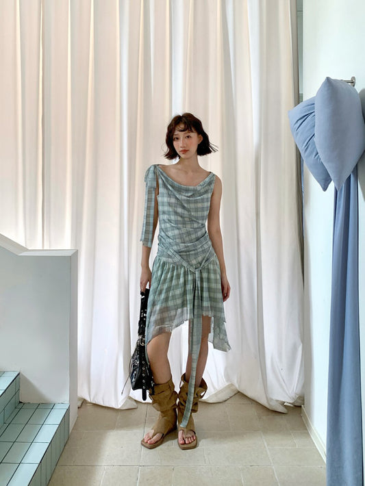 Asymmetrical Check Draped Dress