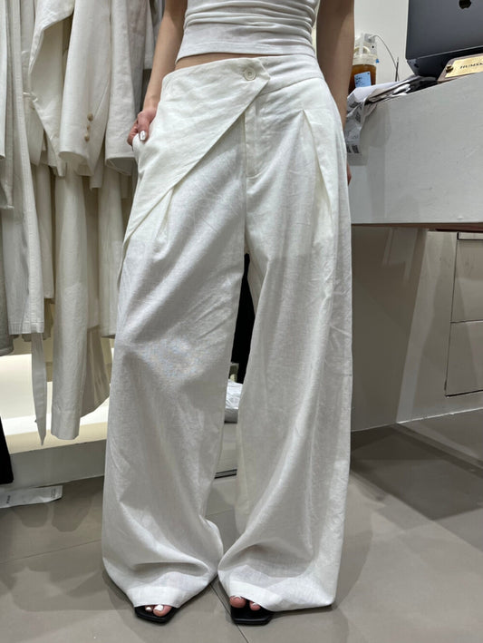 Asymmetric Overlap High-Waisted Linen Pants