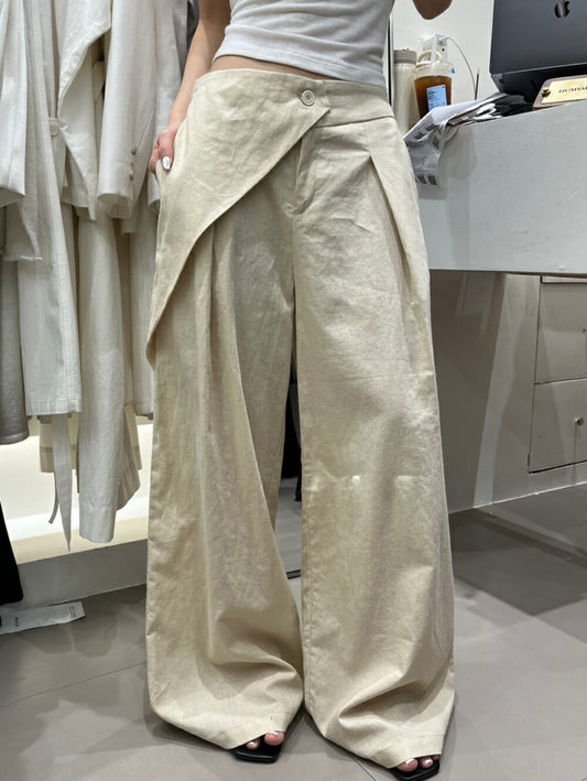Asymmetric Overlap High-Waisted Linen Pants